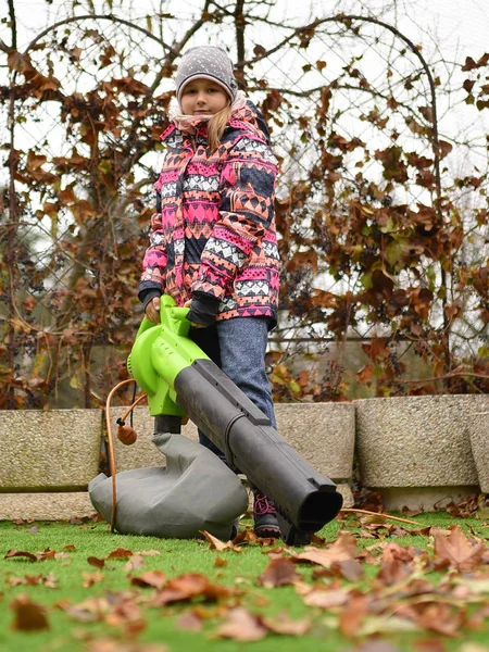 Junges Mädchen Mit Laubbläser Herbst — Stockfoto