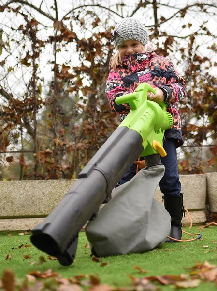 Young Girl Leaf Blower Autumn — Stock Photo, Image