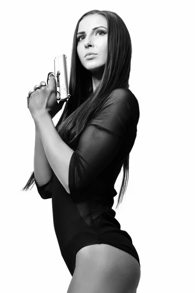 Black White Image Brunette Woman Posing Gun — Stock Photo, Image