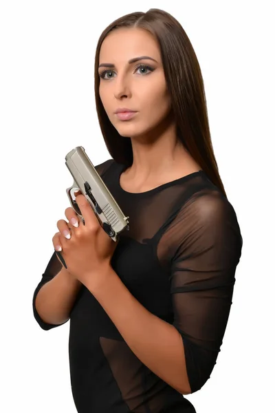 Bella Donna Bruna Posa Con Pistola — Foto Stock