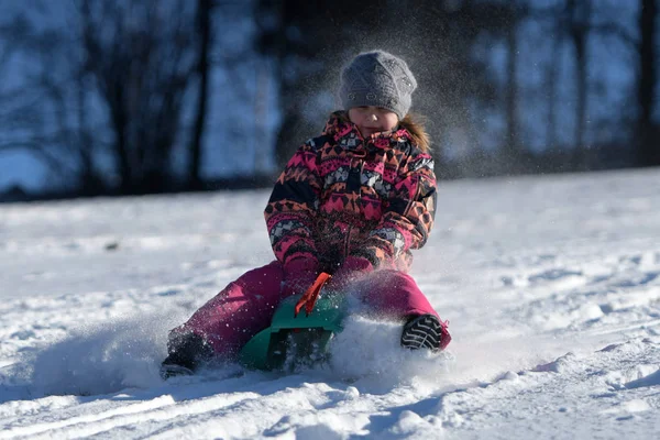 Menina Feliz Deslizando Para Baixo Colina Parque Nevado — Fotografia de Stock