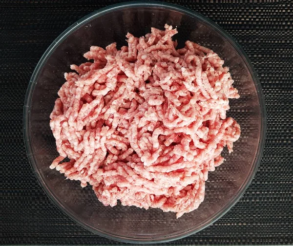 Viande Hachée Crue Dans Bol Verre Vue Dessus — Photo