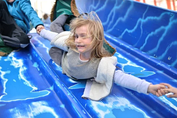 Happy Girl Going Children Slide — Stock Photo, Image