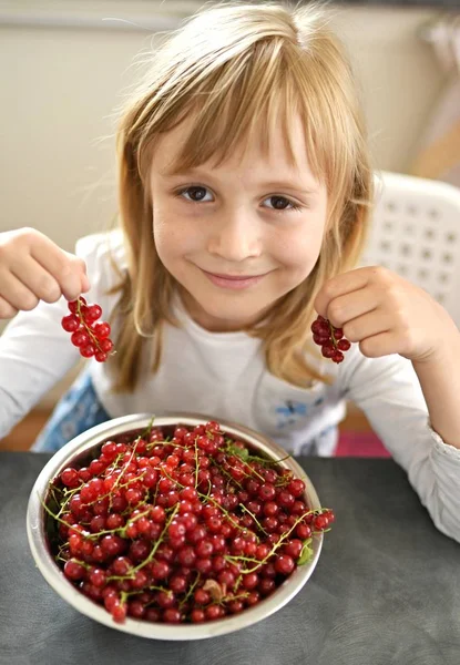 Menina Feliz Com Groselhas Vermelhas Frescas Prato — Fotografia de Stock
