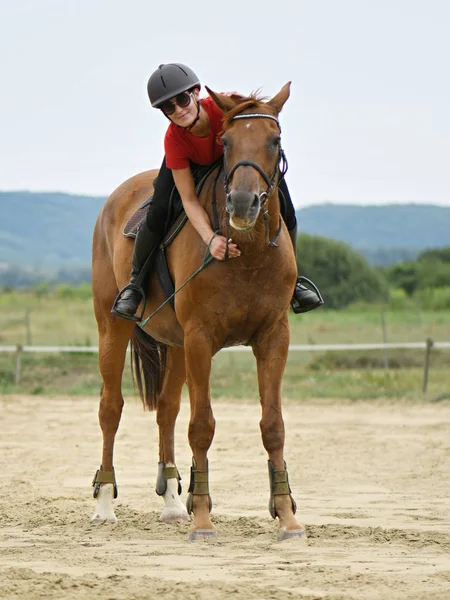 Female jockey on her horse — Stock Photo, Image