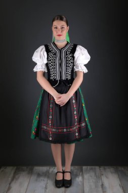Geleneksel kostümlü, güzel, Slovak folklor kadını.