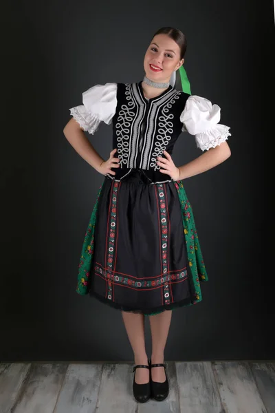 Young Beautiful Slovak Folklore Woman Traditional Costume — Stock Photo, Image