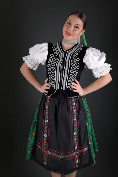 Young Beautiful Slovak Folklore Woman Traditional Costume — Stock Photo, Image