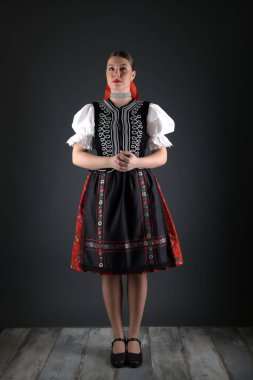 Geleneksel kostümlü, güzel, Slovak folklor kadını.