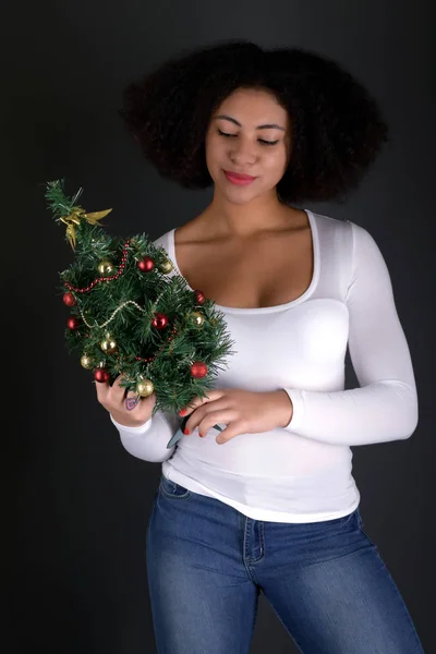 Afro Amerikaanse Vrouw Met Kerstboom — Stockfoto