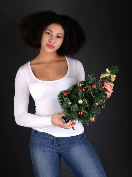 Afro Americana Com Árvore Natal — Fotografia de Stock
