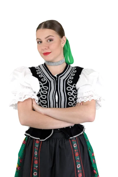 Jeune Belle Femme Folklorique Slovaque Costume Traditionnel — Photo