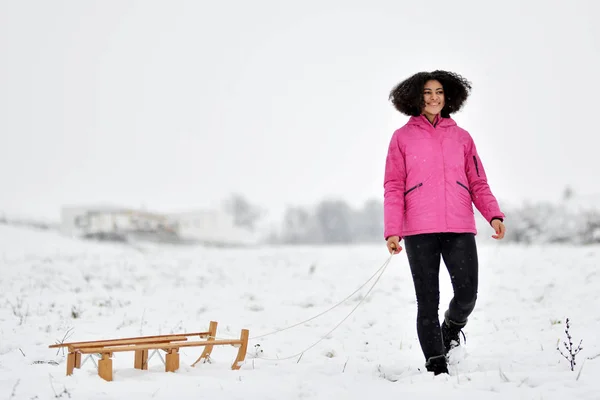 年轻美丽的女子雪橇 — 图库照片