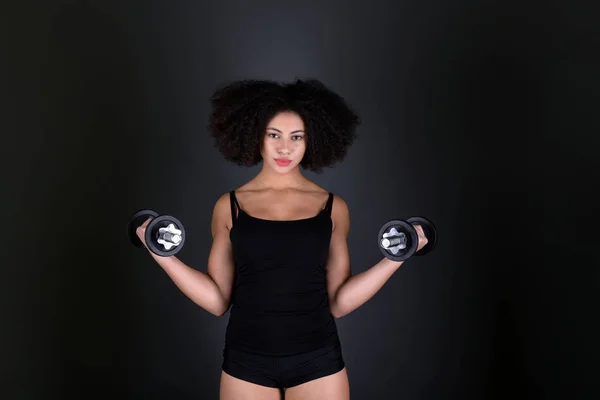 Muscular Afro American Woman Dumbbells — Stock Photo, Image