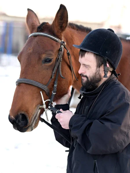 Portrait Syndrome Adult Man Horse Winter — 스톡 사진