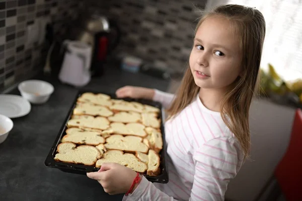 Cute Little Child Girl Having Fun Preparing Dish Kitchen — Stockfoto