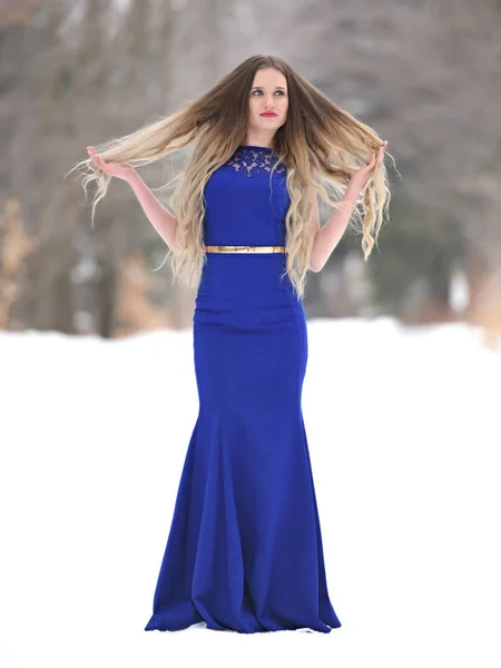 Retrato Bela Jovem Mulher Vestido Azul Posando Inverno Livre Rainha — Fotografia de Stock