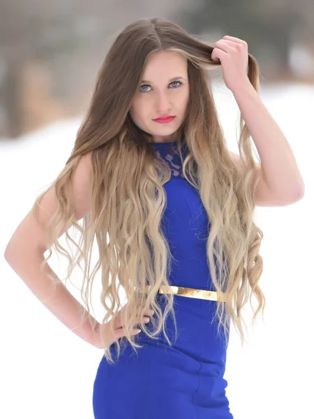 Porträt Einer Schönen Jungen Frau Blauem Kleid Die Winter Freien — Stockfoto