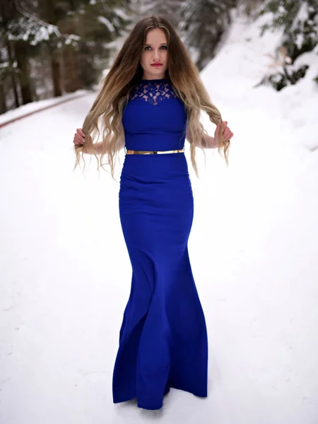 冬の屋外でポーズ青いドレス姿の美しい若い女性の肖像画 雪の女王 — ストック写真