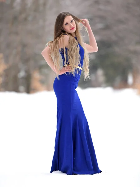 Retrato Una Hermosa Mujer Joven Vestido Azul Posando Invierno Aire —  Fotos de Stock