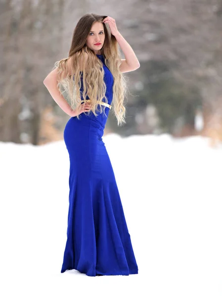 Retrato Una Hermosa Mujer Joven Vestido Azul Posando Invierno Aire —  Fotos de Stock