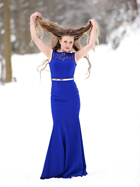 Retrato Una Hermosa Mujer Joven Vestido Azul Posando Invierno Aire —  Fotos de Stock