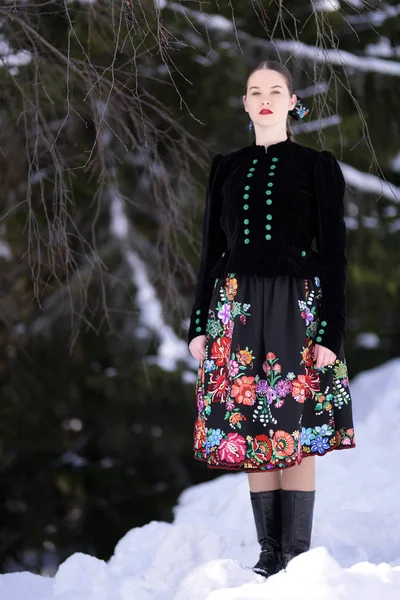 Portret Van Slowaakse Folklore Vrouw Het Winterwoud — Stockfoto