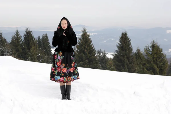 Портрет Словацкой Фольклорной Женщины Зимних Горах — стоковое фото