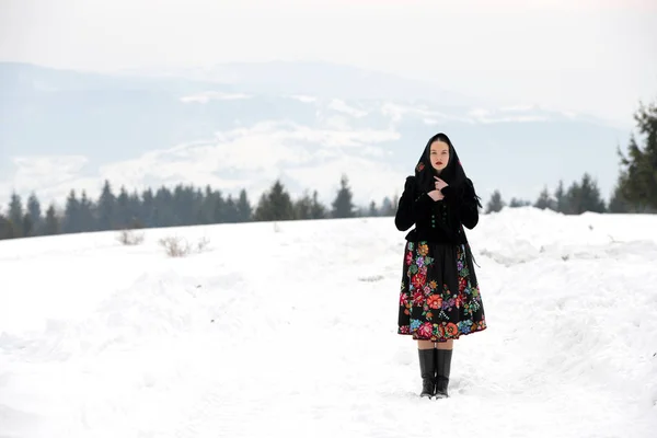 Портрет Словацкой Фольклорной Женщины Зимних Горах — стоковое фото