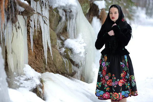 Szlovák Folklórnő Portréja Téli Erdőben — Stock Fotó