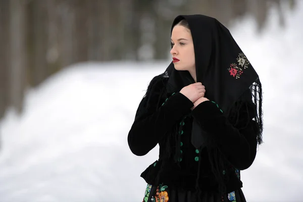 Portrait Slovakian Folklore Woman Winter — Stock Photo, Image