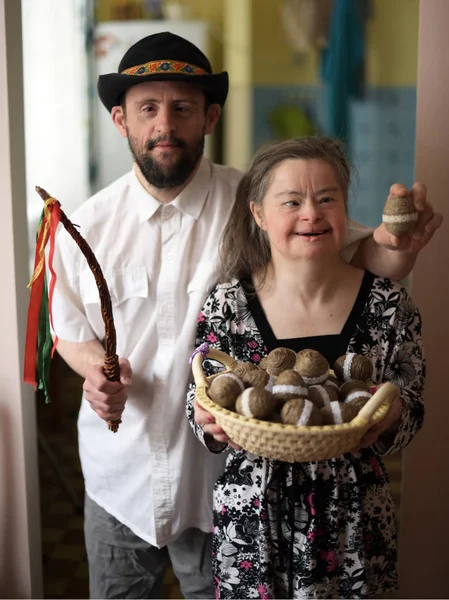Easter Portrait Happy Couple Syndrome Home — Stock Fotó