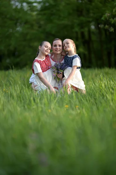 Young Family Posing Traditional Slovakian Costumes Outdoors — Stock Photo, Image