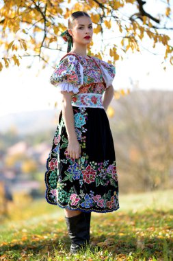 Geleneksel kostümlü, güzel, Slovak folklor kadını.