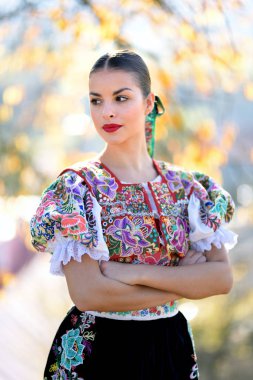 Geleneksel kostümlü, güzel, Slovak folklor kadını.