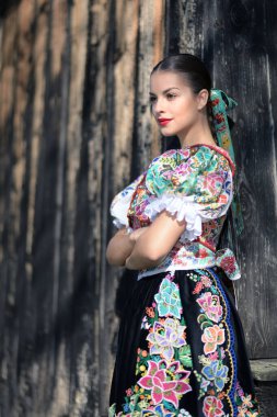 Geleneksel kostümlü, güzel, Slovak folklor kadını.