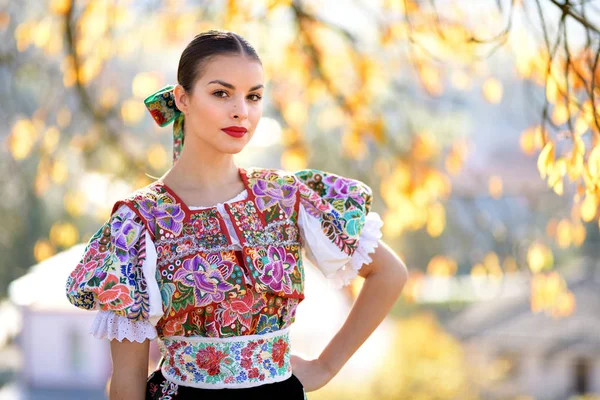 Young Beautiful Slovak Folklore Woman Traditional Costume — Stock Photo, Image