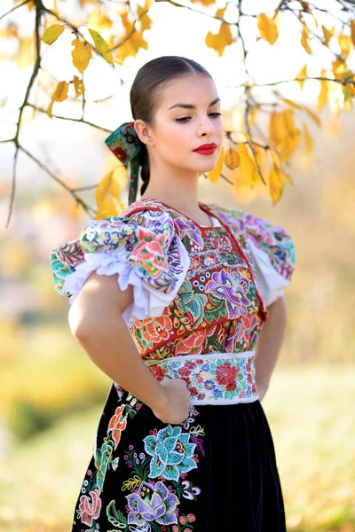 Junge Schöne Slowakische Folkloristin Traditioneller Tracht — Stockfoto