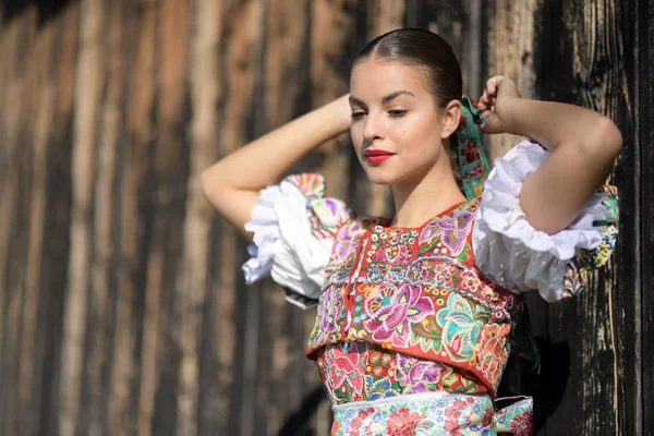 Young Beautiful Slovak Folklore Woman Traditional Costume — Stock Photo, Image