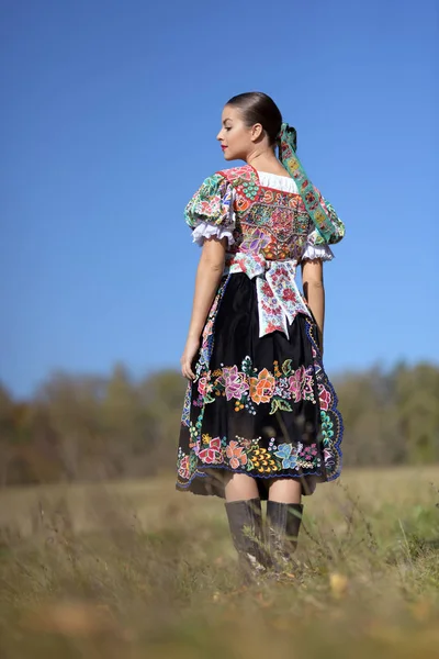 Young Beautiful Slovak Folklore Woman Traditional Costume — Stock Photo, Image