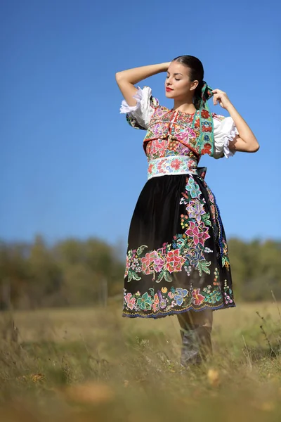 Young Beautiful Slovak Folklore Woman Traditional Costume — Stock Photo, Image