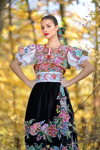 Young Beautiful Slovak Folklore Woman Traditional Costume — Stock Photo, Image