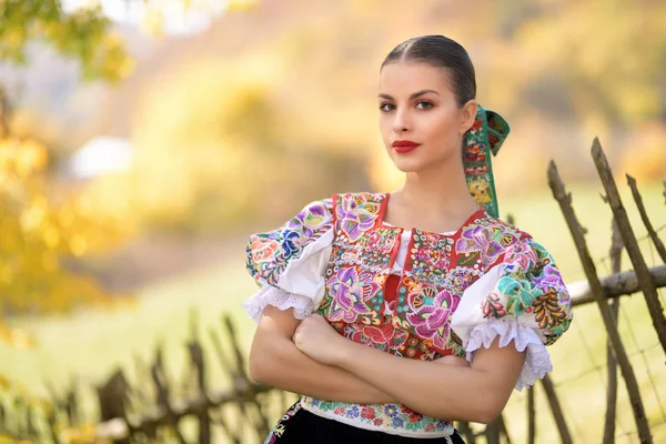 Young Beautiful Slovak Folklore Woman Traditional Costume — Stock Photo, Image