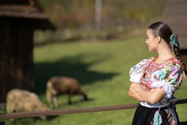 Ung Vacker Slogan Folklore Kvinna Traditionell Kostym — Stockfoto