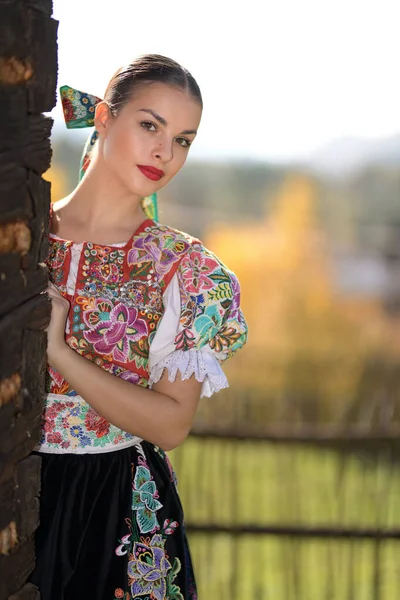 Young Beautiful Slovak Folklore Woman Traditional Costume — Stock Photo, Image