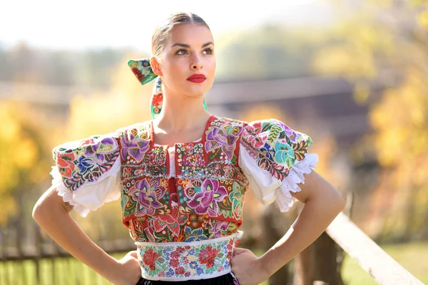 Young Beautiful Slovak Folklore Woman Traditional Costume — Stock Photo, Image