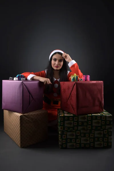Happy Lovely Young Woman Santa Claus Costume Present Boxes — Stock Photo, Image