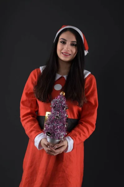 Счастливая Молодая Женщина Костюме Санта Клауса Коробками Подарков — стоковое фото