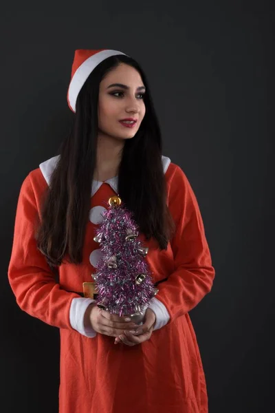 Feliz Encantadora Joven Traje Santa Claus Con Cajas Regalo —  Fotos de Stock