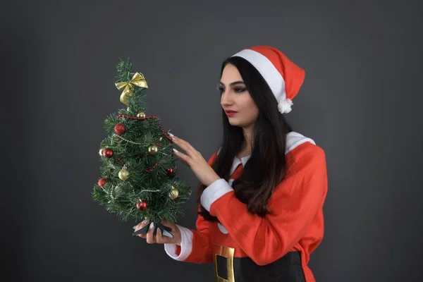 Feliz Linda Jovem Santa Claus Traje Com Caixas Presente — Fotografia de Stock